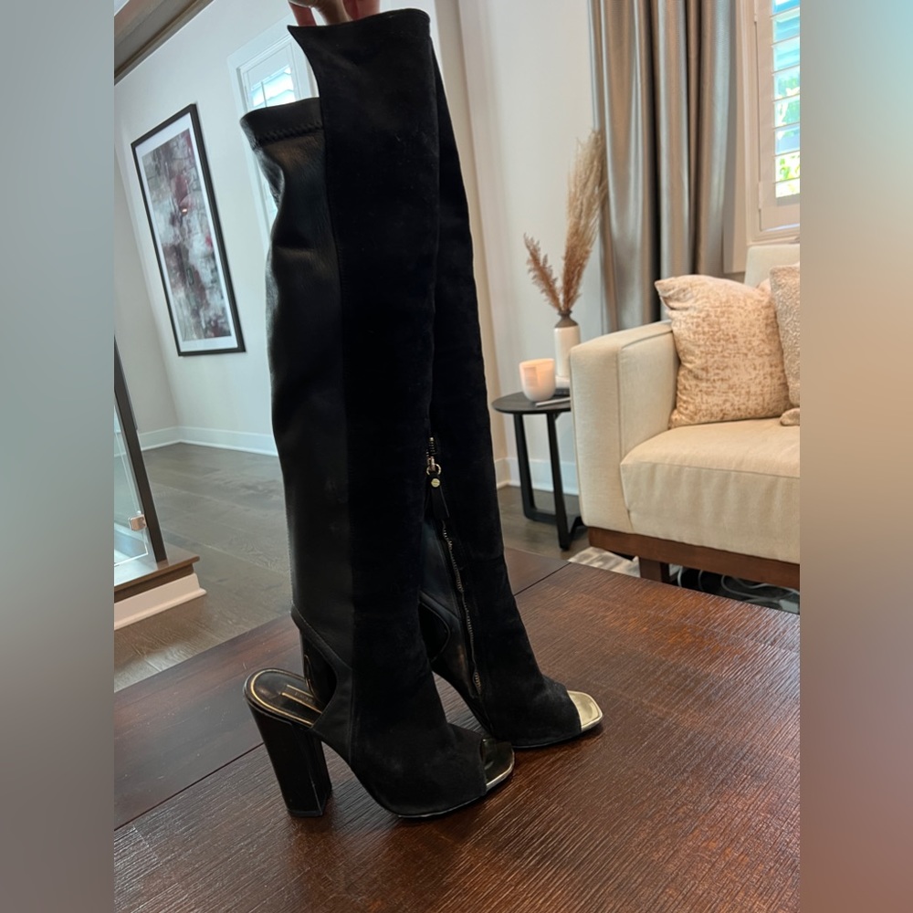 Rachel Zoe Soleil Suede stretch open toe knee high boot
